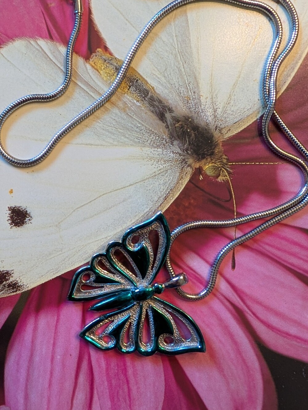 Butterfly 2 Inch Pendant Necklace in Teal and Silver - Women Jewelry